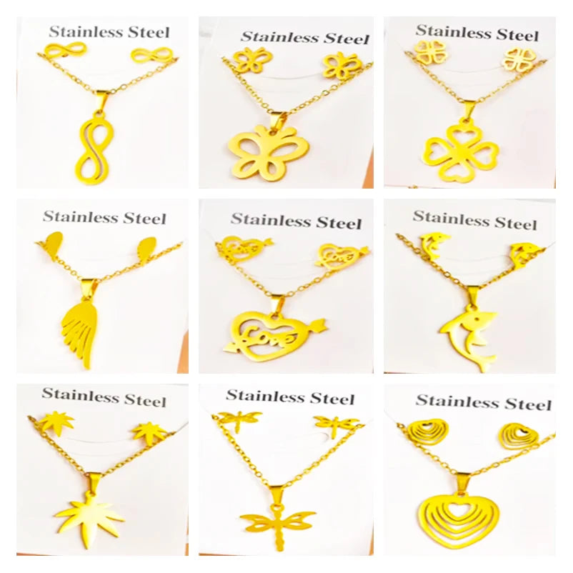 Women's Jewelry Gift Accessories Cheap Wholesale More Than 100 Sets Gold-plated Stainless Steel Necklace and Earrings