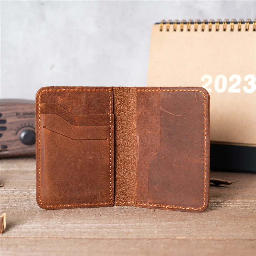 Vintage Crazy Horse Leather Men's Large Capacity Multi-Card ID Card Holder Cowhide Credit Card Clip Closure