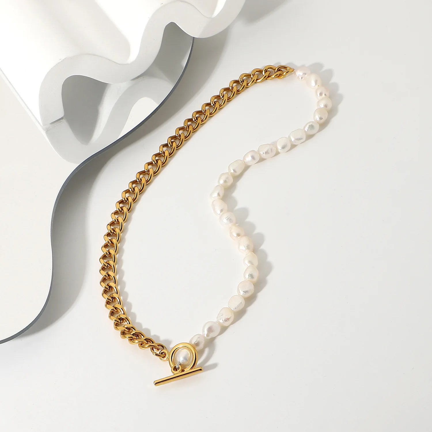 Wholesale Hip Hop Jewelry Stainless Steel Necklace Jewelry Gold Plated Pendant Pearl  White  Baroque Pearl Men Necklace