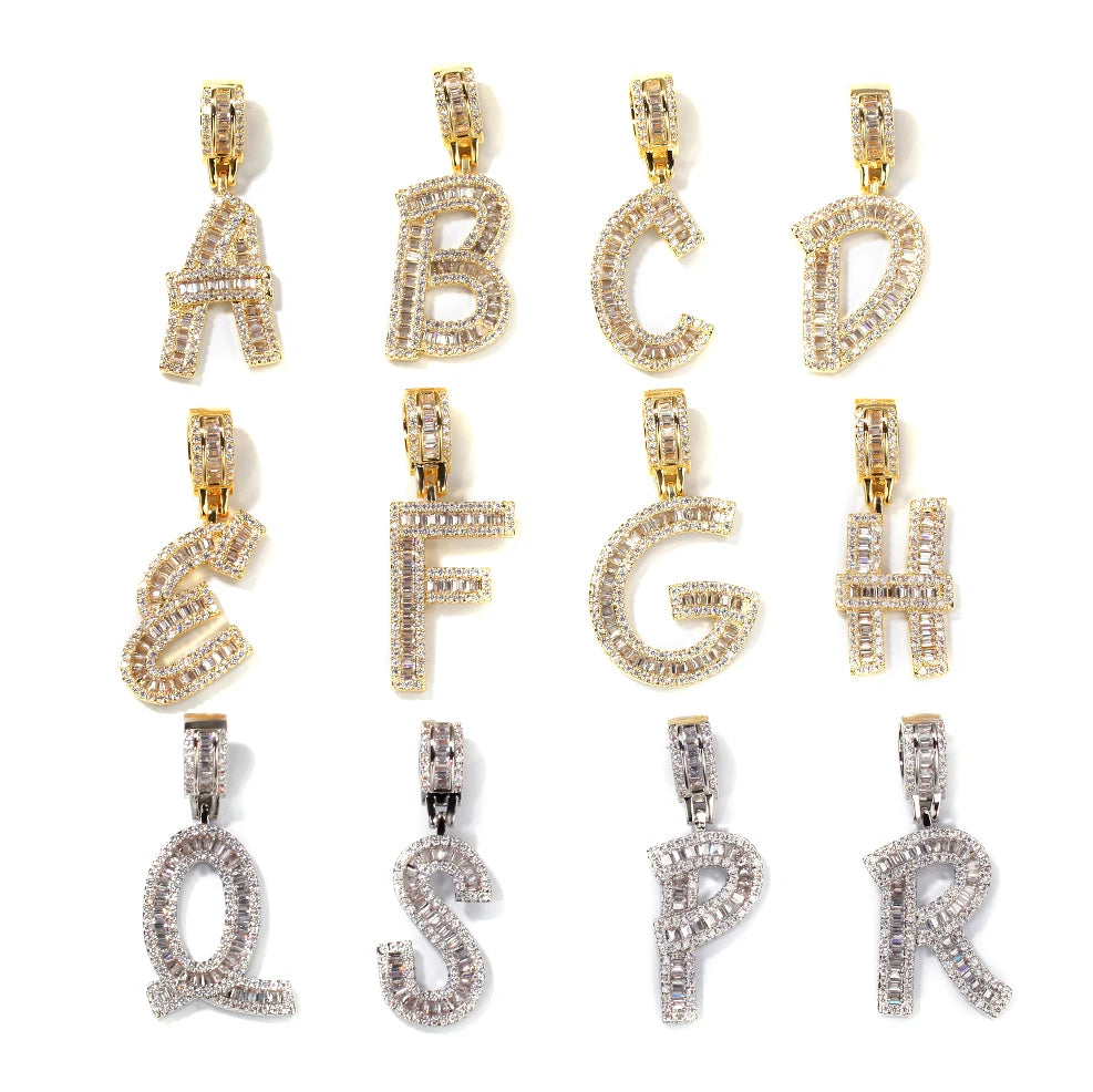 Zircon Iced Out Cz Diamond Baguette Alphabet Initial Pendants Necklace-Brass Trendy for Women & Men