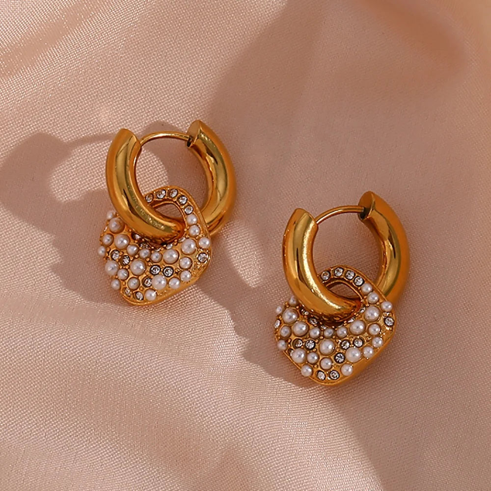 Elegant Pearl & Zircon Square Drop Earring 18K Gold Plated Stainless Steel Hoop Earrings for Women