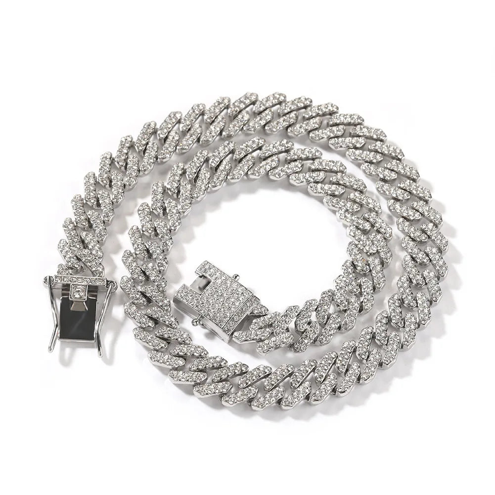 Men's Simple Geometric 12mm Crystal Rhinestone Link Chain Necklace and Bracelet Hip Hop Style Zinc Alloy Jewelry MegaBDM