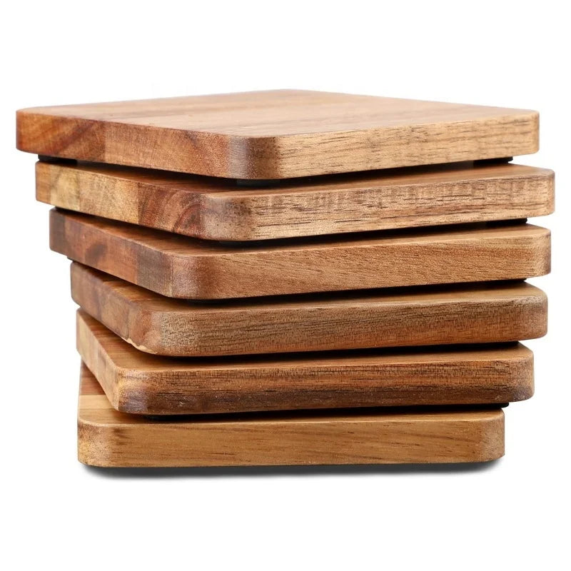 Square Acacia Wood Coasters with Non-Slip Pad Protective Cup Mat for Coffee Table Dining Home Furniture