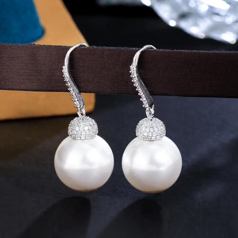 Elegant Silver Plated Pearl Dangle Drop Hook Earrings Cubic Zirconia Wedding Jewelry for Women Brides Party Anniversary Gift