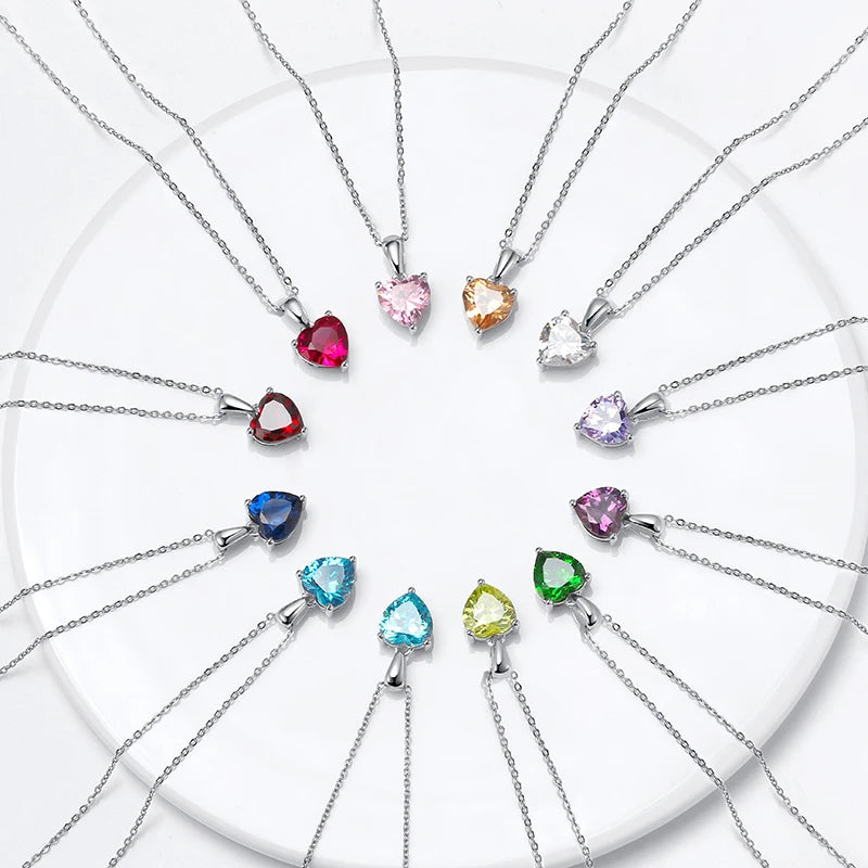 APN02  Multi Color Birthstone Heart Necklace Jewelry Real 925 Sterling Silver CZ Zircon Crystal Pendant Necklaces Women