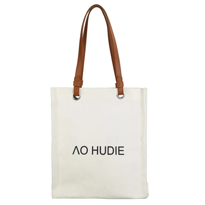 The New Listing Modern Style Reusable Personalized Two Handles Open Closure Letter Pattern Casual Tote Canvas Handbags for Women