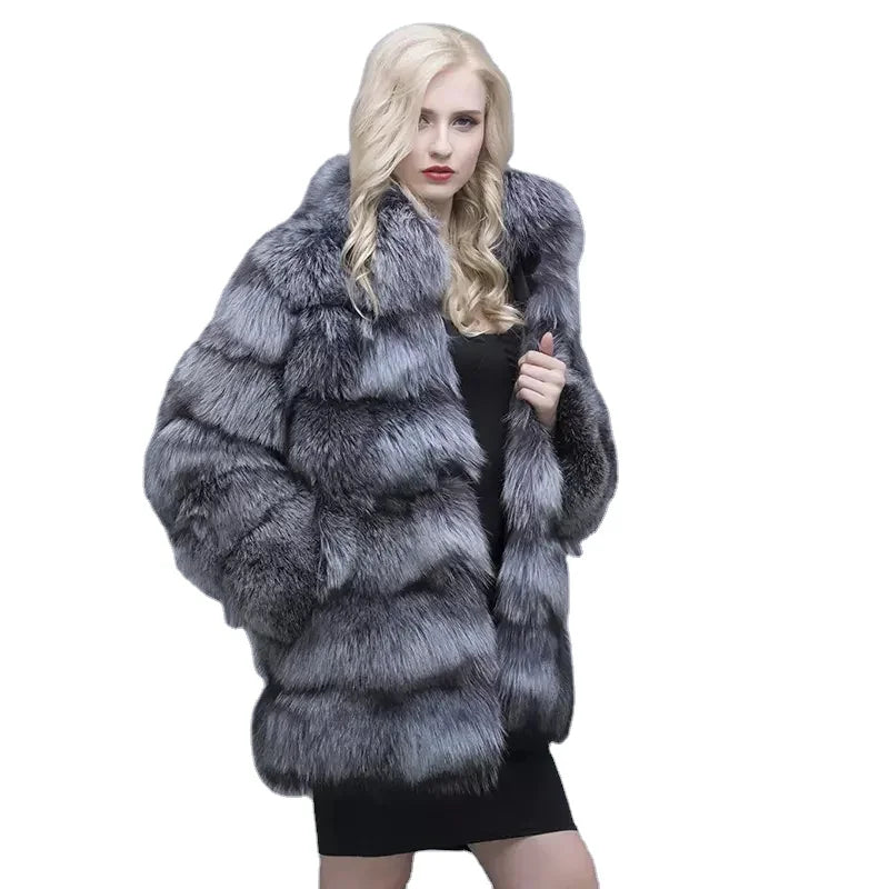 MWFur Fox Fur Collar Long Coat Winter Warm Fashion Woman Fashion Fur Coat Pocket Female Fox Fur Clothing Outwear