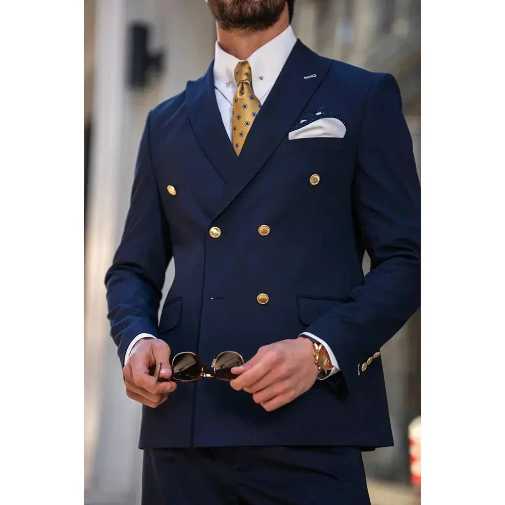 New Design Men's Suits Navy Blue Double Breasted Peaked Lapel Luxury Outfits 2 Piece Jacket Pants Set Office Costume Homme