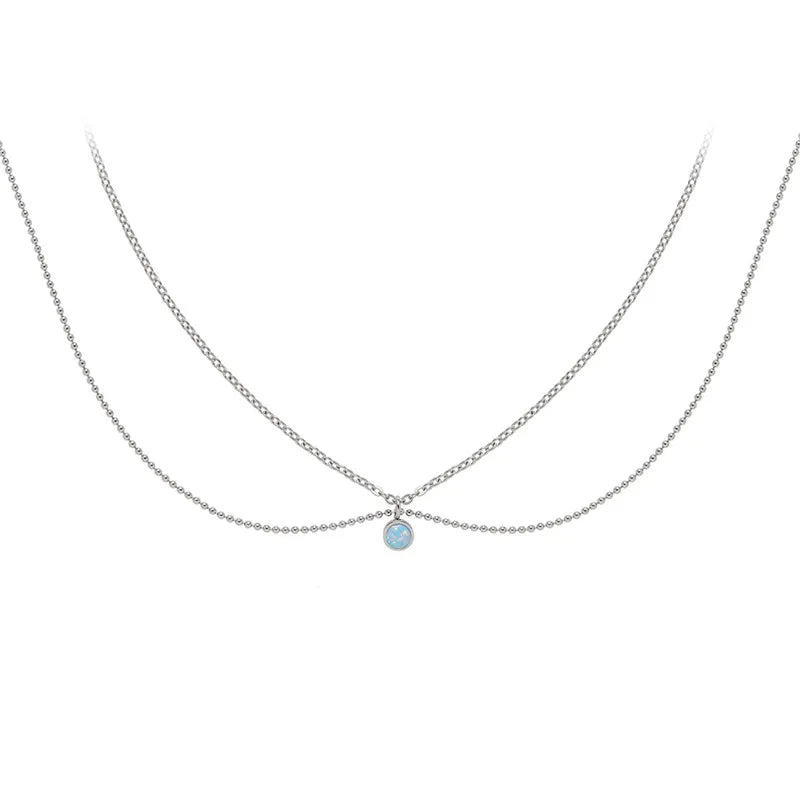 Fashion Jewelry Double Layer Stainless Steel Chain Link Imitated Tiny Opal Cloud Bead Necklace