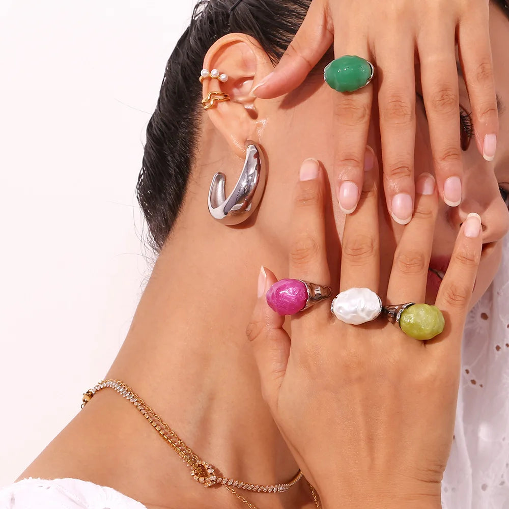 High Quality Boho Vintage Classic Emerald Luxurious Irregular Baroque Pearl Resin Gemstone 18k Gold Plated Stainless Steel Rings
