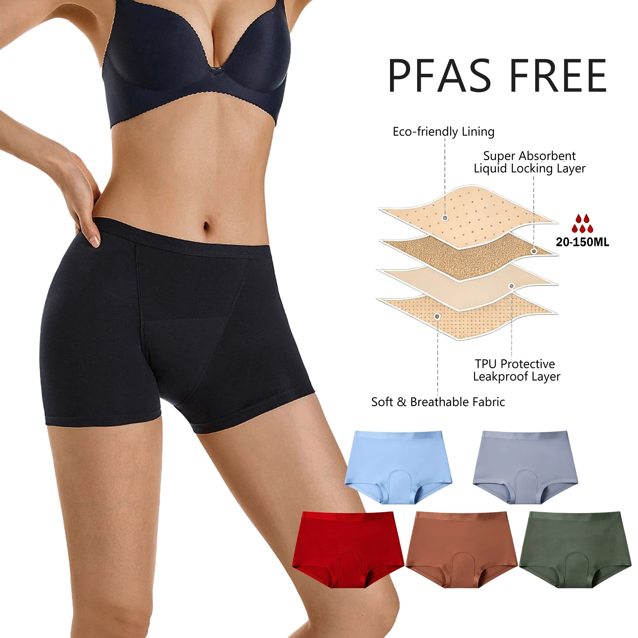 Shanhao Reusable Menstrual Underwear Heavy Flow Absorption Boyshorts 5 Layers Leakproof Boxer PFAS-free Period Panties for Women