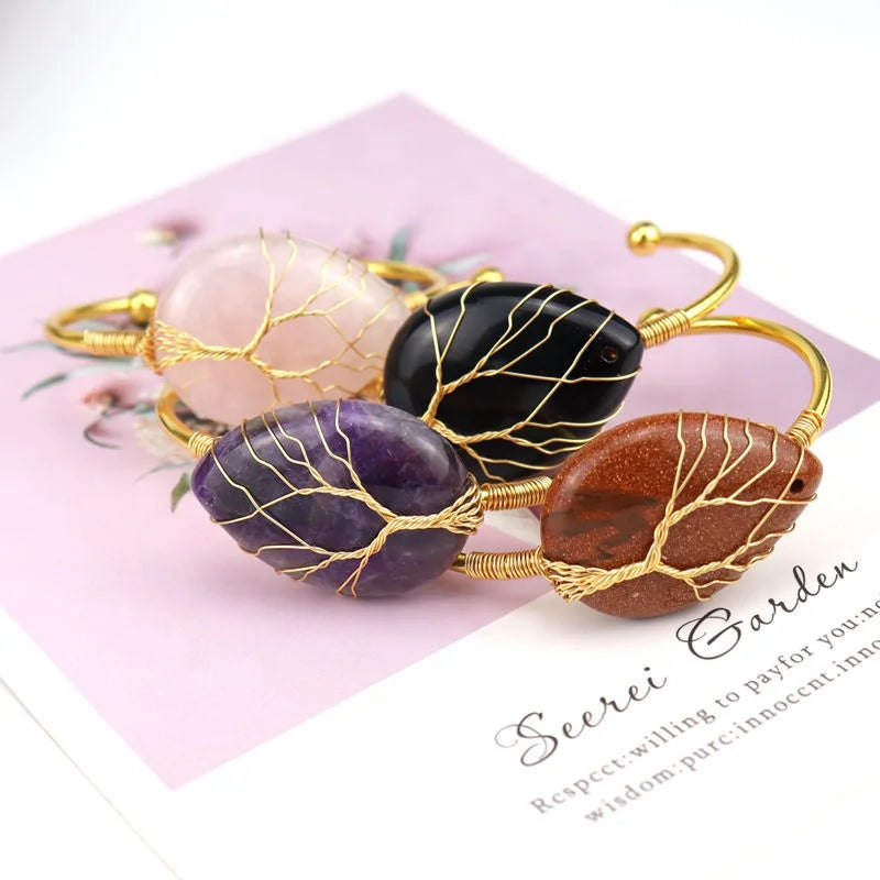 Handmade Gold Copper Wire Natural Crystal Bracelet High Quality Oval Tear Drop Gemstone Bracelet Multi Color Choice Bracelet