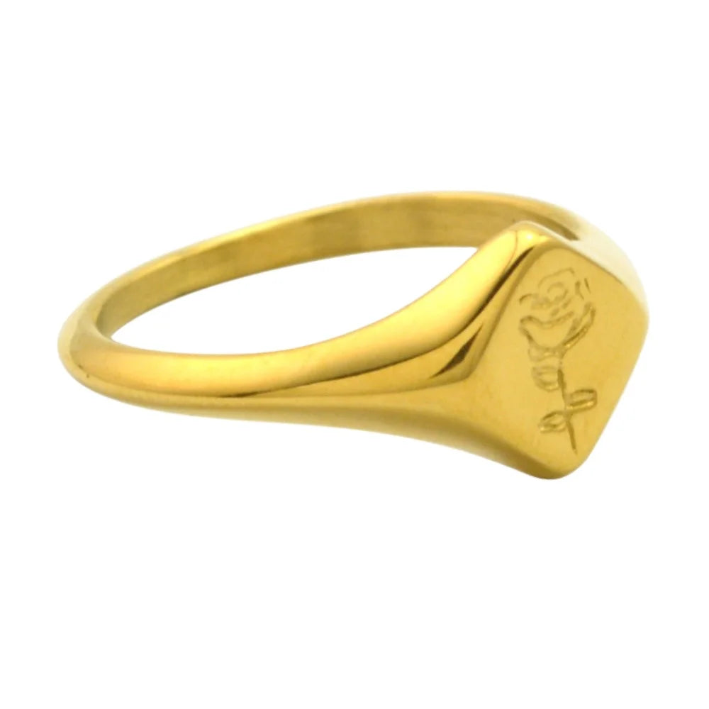 Fashion Jewelry Trendy Classic Wedding Engagement Signet Ring 18k Gold Plated Rose Flower Stainless Steel Silver Plated