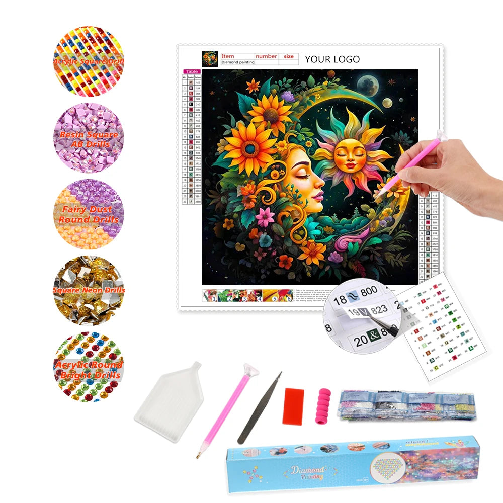Square Custom Diamond Painting Kit Moon and Sun Diamond Mosaic Painting Large Size Diamond Painting Kits for Adults Beginners