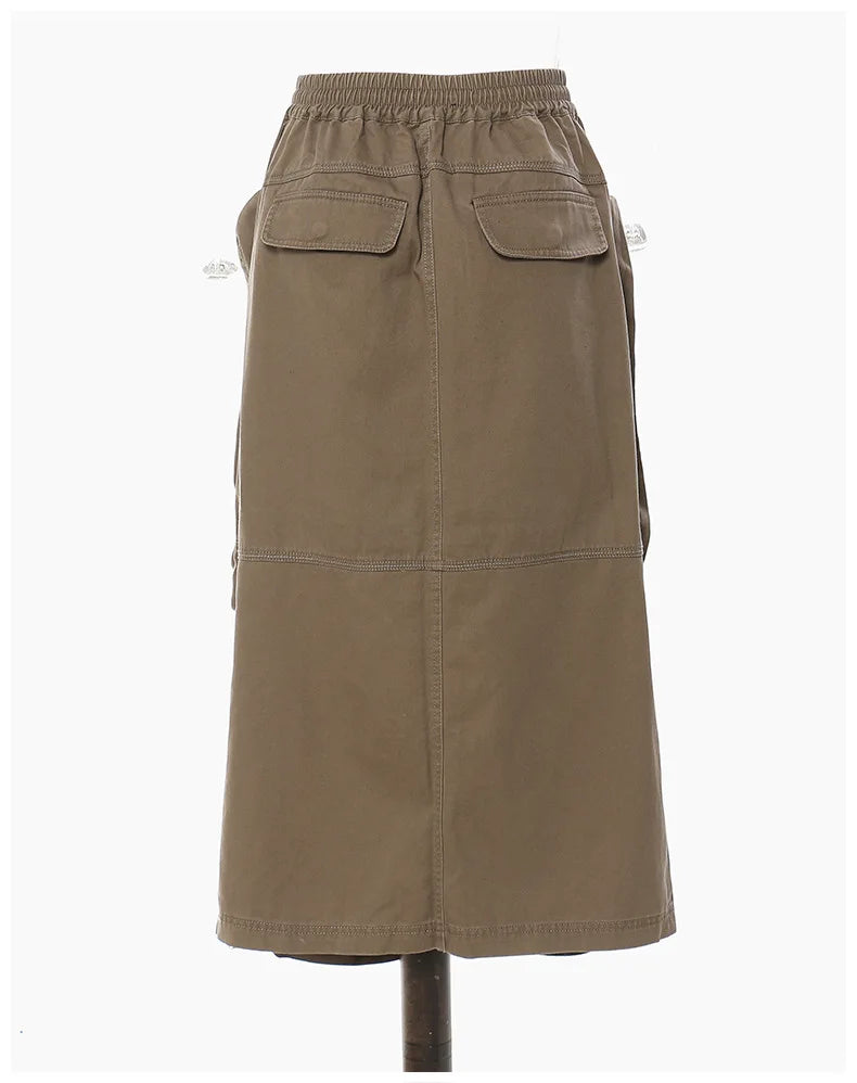 Fashionable Solid Color Camouflage Pockets Streetwear Casual Tube Cargo Midi Skirt