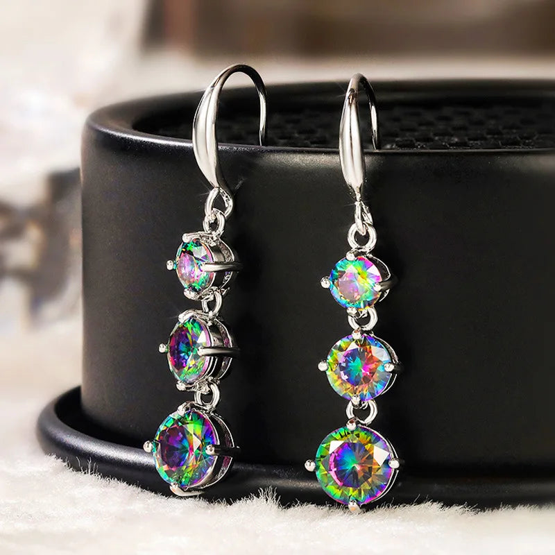 Huitan 2 Style Beautiful Drop Colorful Gemstone Pure Dangle Earrings Girls Women Zircon Popular Silver Earrings