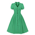Summer Mid-Length Retro High-Waisted Temperament V-neck French Style Solid Color Swing Women Dress