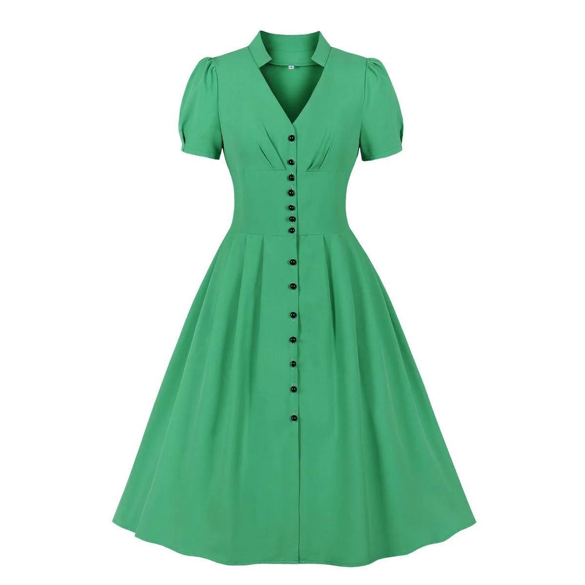 Summer Mid-Length Retro High-Waisted Temperament V-neck French Style Solid Color Swing Women Dress