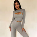 Beautyshow Autumn Winter 4 PCS Long Sleeve Top Padded Bra High Waist Leggings Elastic Shorts Yoga Gym Sport Wear Set Outfit