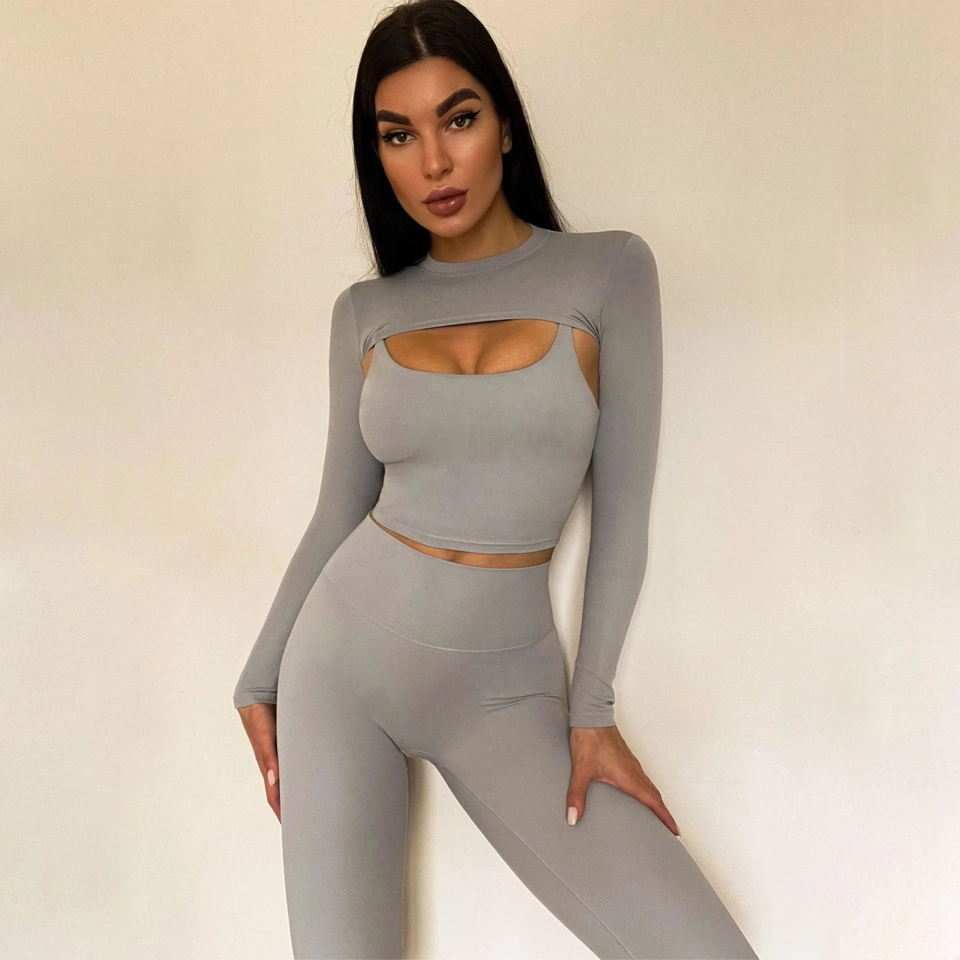 Beautyshow Autumn Winter 4 PCS Long Sleeve Top Padded Bra High Waist Leggings Elastic Shorts Yoga Gym Sport Wear Set Outfit