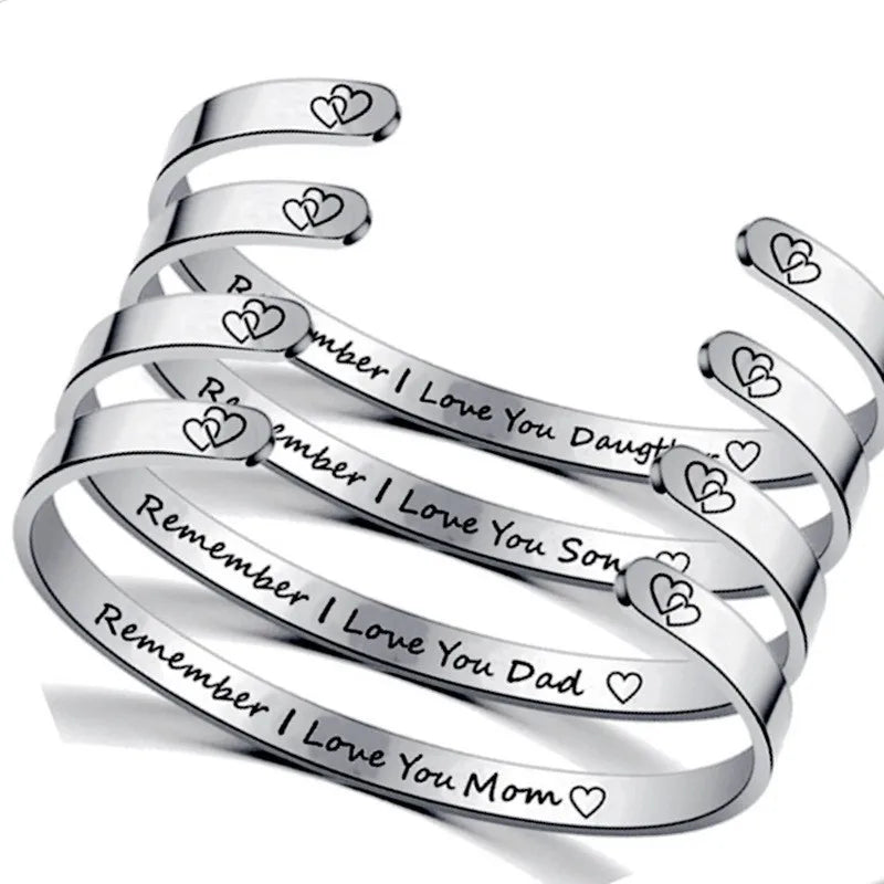 New Designs Dad Son Mom Daughter I Love You Initial Stainless Steel Open Cuff Bracelet