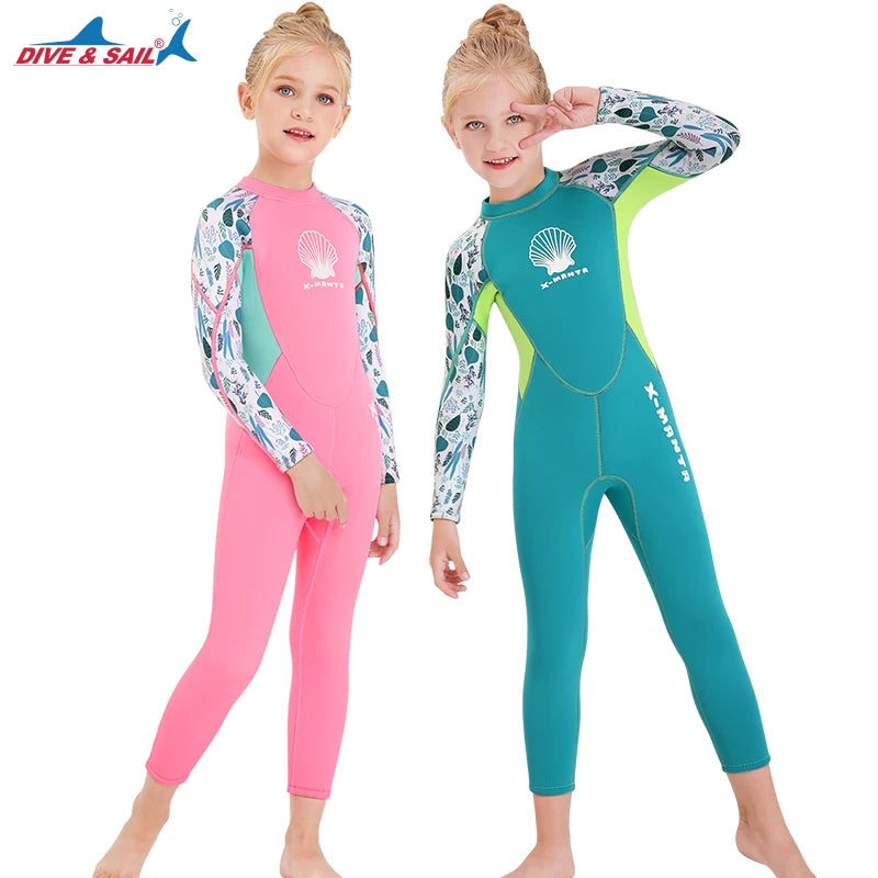 DIVE&SAIL New Kids 2.5mm Neoprene Diving Wet Suits Girls Long Sleeve Warm Swimwear Children Full Body Snorkeling Surfing Wetsuit