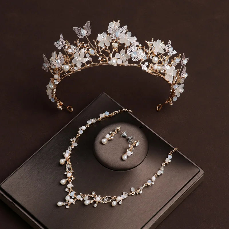 Luxury Crystal Leaf Wedding Bridal Jewelry Sets Rhinestone Crown Tiaras Necklace Earrings Set