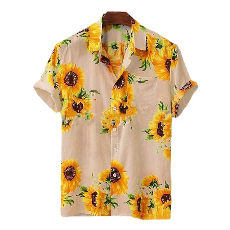 RNSHANGER Floral Print Men Shirt Lapel Short Sleeve Casual Streetwear Hawaiian Shirts Breathable Streetwear Shirts