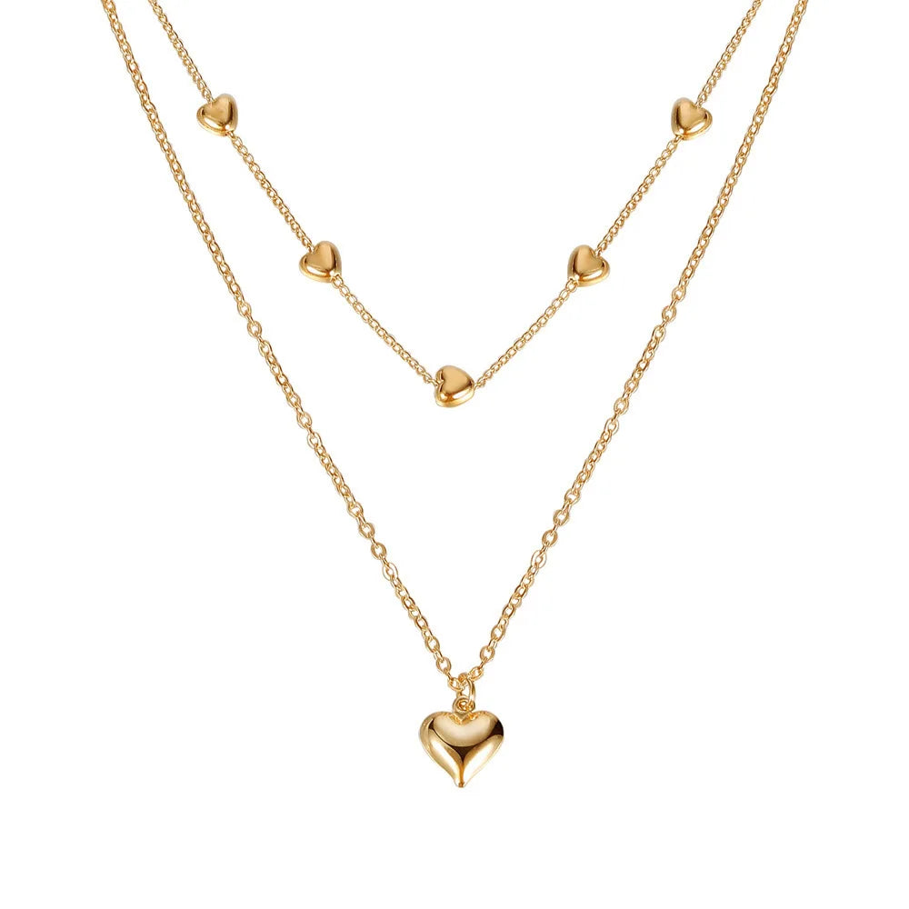 New Double Layer Heart Necklace Gold Plated Alloy Clavicle Chain Big Pendant Women Girl Party  Choker Necklace Trendy Jewelry