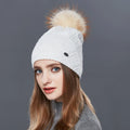 Custom Fashion Women Autumn Winter Wool Knitted Beanie Hat With Real Fur Pompom Warm Stretch Casual Custom Logo Winter Hat Caps