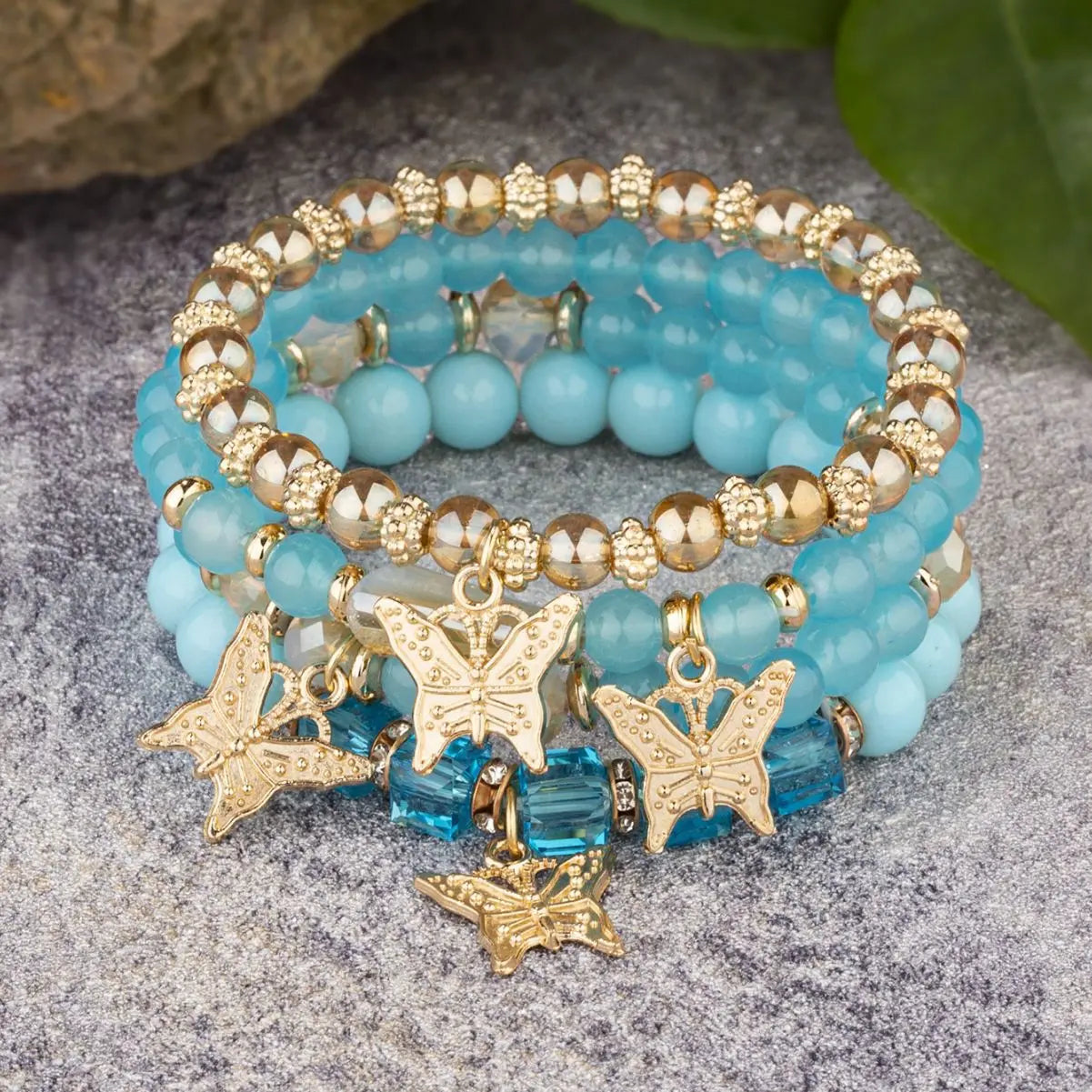 4pcs Boho Style Alloy Beaded Bracelet Set Elastic Rope String Crystal Stone Handmade Butterfly Chain 18K Gold Fashion Charm
