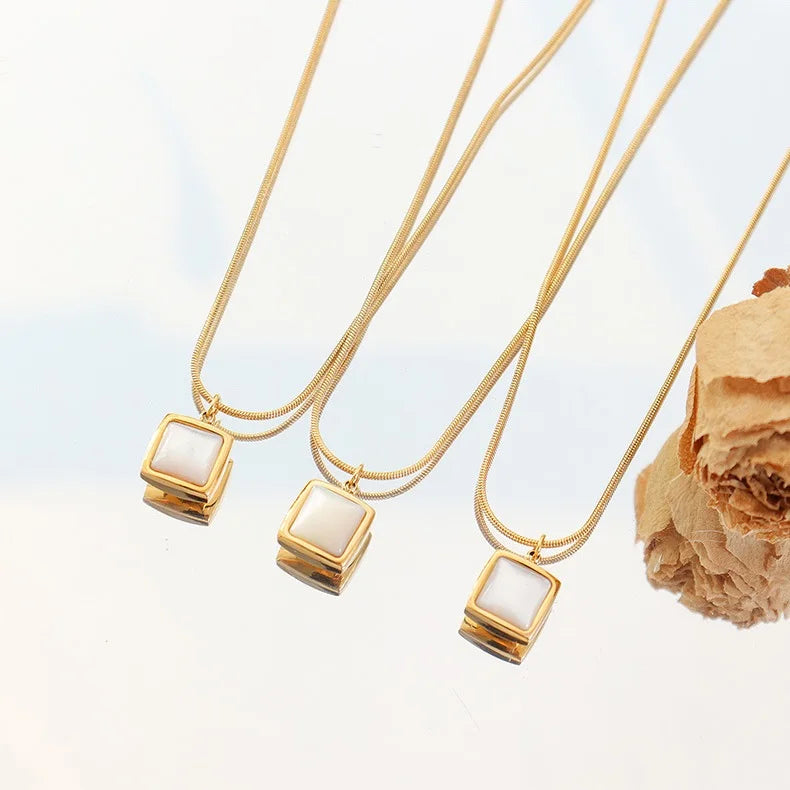 Fashion Dainty Sweater Necklace Shell square Pendant Girls Accessories Jewelry Necklace