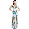 Women Deep V Neck Plunge Leaves Printed Front Split Backless Maxi Dress