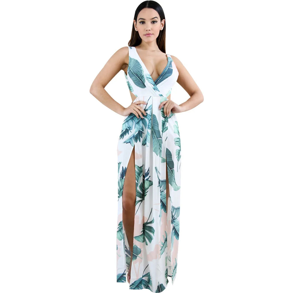 Women Deep V Neck Plunge Leaves Printed Front Split Backless Maxi Dress