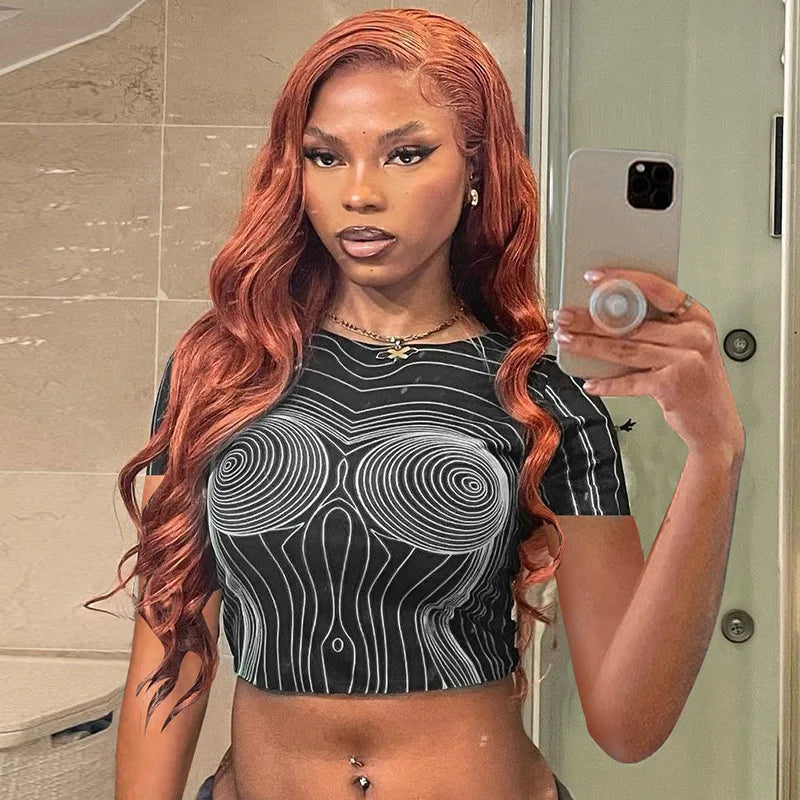 Truen 2026 Hot Selling Spring New Fashion Print Slim Crop Top Round Neck Short Sleeve Crop Top Women's T-shirts Clothing