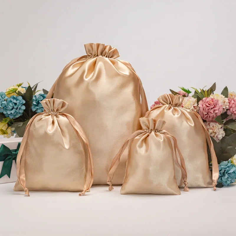 Custom Logo Luxury Satin Silk Jewelry Gift Wig Eyelash Storage Package Pouch Drawstring Bag Customizable Sizes & Colors