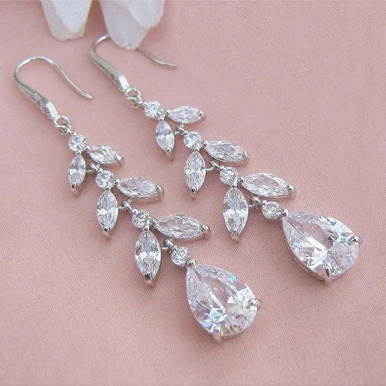 CAOSHI Leaf Shape Pear Cut Long Drop Silver Coating 3A Cubic Zirconia Crystal Bridal Earring for Wedding Jewelry Woman