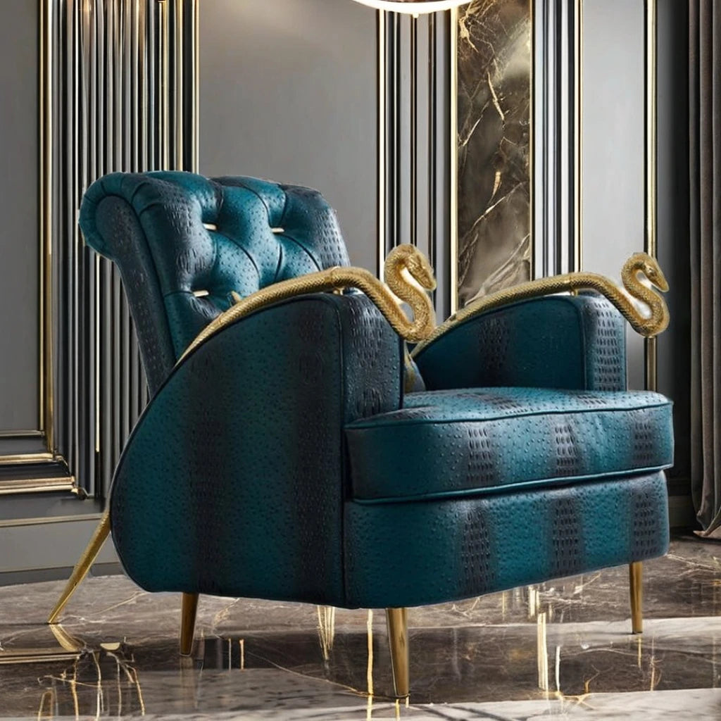 Italian Luxury Living Room Furniture Single Sofa Chair Snake Armrest Pure Copper Wood Legs Velvet Set Contemporary for Home