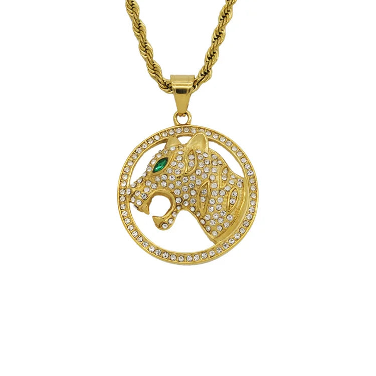 Cool Hip Hop Style Stainless Steel Full Crystal Panther Head Red Eyes Round Pendant Animal Natural Stone Jewelry