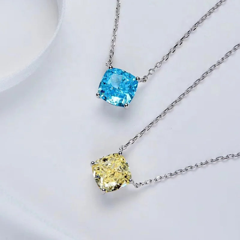 2ct Cushion Cut Aqua Blue Yellow Pendant 925 Sterling Silver Rhodium Plated Classic Charm Necklace Wedding Party 8A Ice Cut Fine