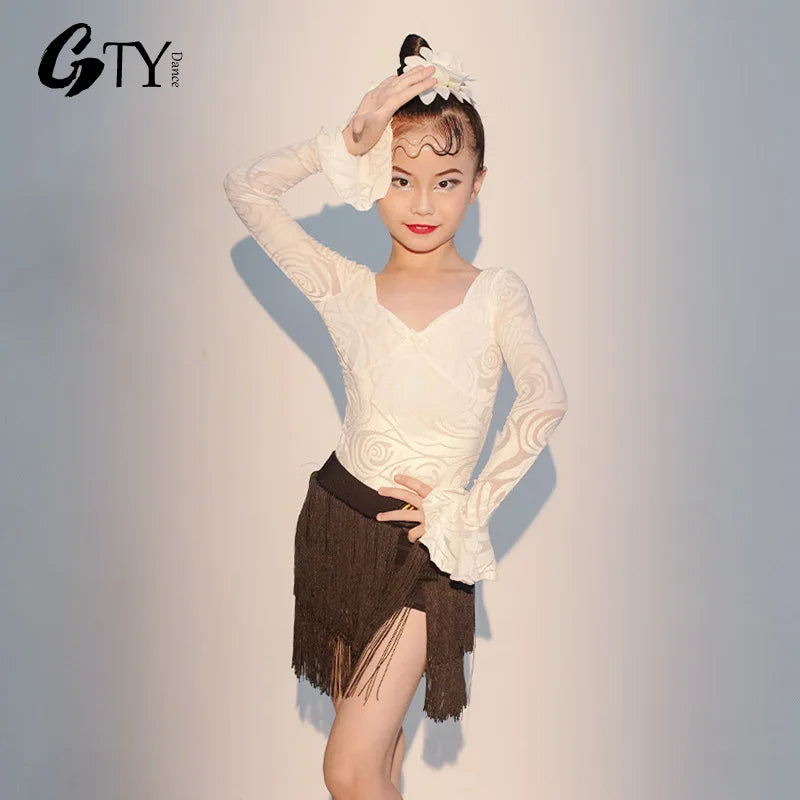 GTY Latin Dance Dress Advanced Sense 2023 New Summer Girls Practice Performance Children Separate Suit