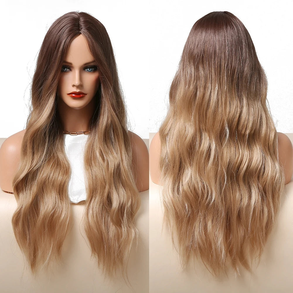Factory Wholesale Prices Long Wave Wigs Ombre Brown Blonde Synthetic Wig Natural Wig for Women Daily Hair