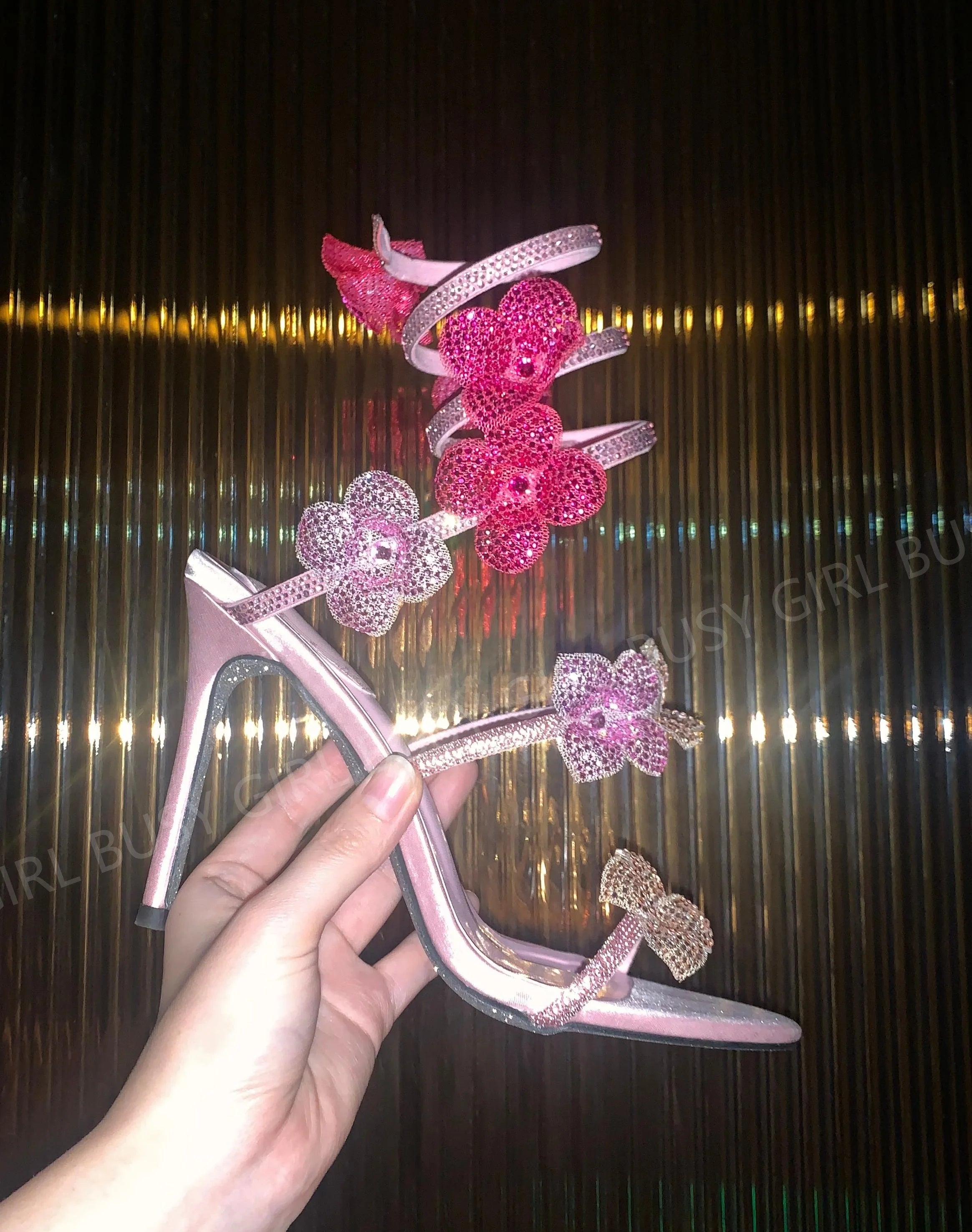 BUSY GIRL WS4844 Custom High Heels pink Flower Rhinestone Glitter Sandals Heel Shoes Women Party Evening Embellished Heels