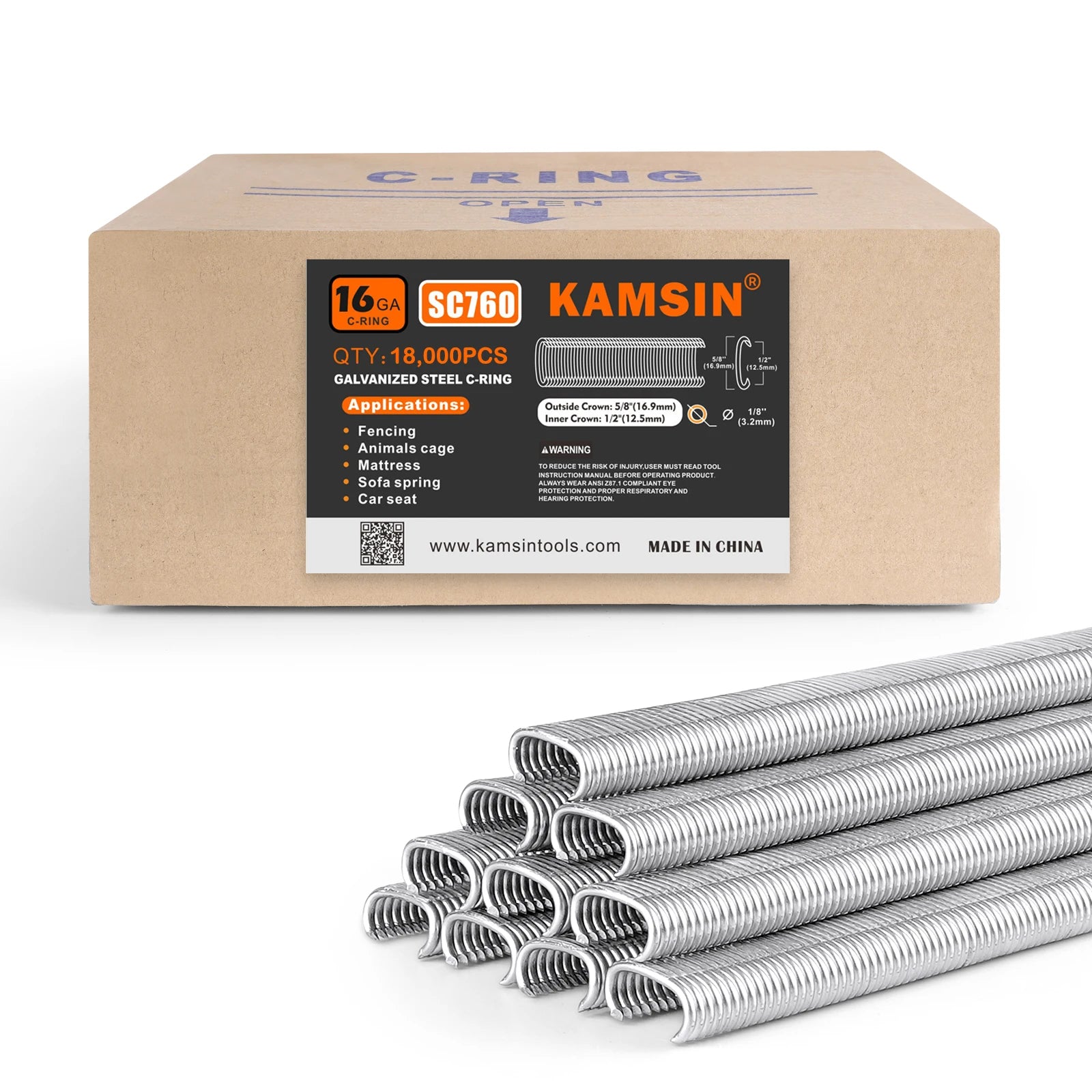 KAMSIN SC760/C17 Hog Rings 18000 PCS-16 Gauge Galvanized C-Type Staples 12.5mm Inner Crown - Compatible with 1/2"