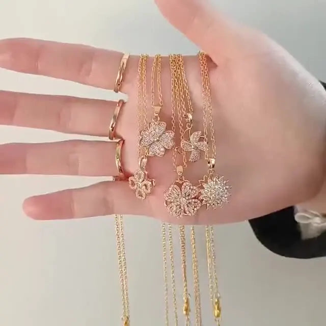 Popular Gold Diamond Pinwheel Sunflower Long Rotatable Pendant Necklace Ring for Party