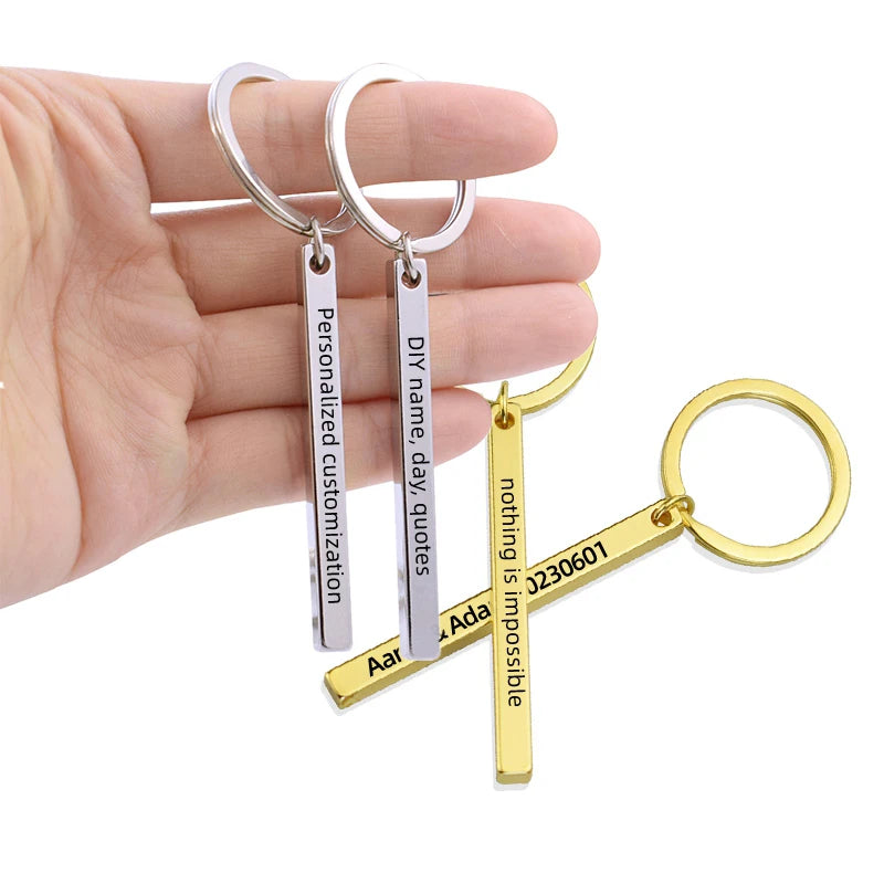 Personalized Designer Keychains Custom Engraved Metal Long Rectangle Key Chain Simple Stainless Steel Car Key Ring