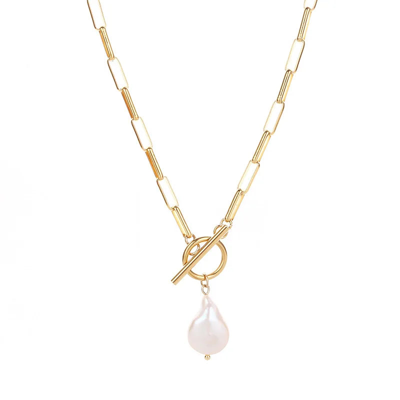 Wholesale Stainless Steel Paper Clip 18k Gold Necklace Chain Link Necklaces Jewelry with Freshwater Pearl Bead