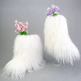 Wholesale Women Mongolian Lamb Tibetan Long Lamb Fur Boots Grey Real Mongolian Fur Boots