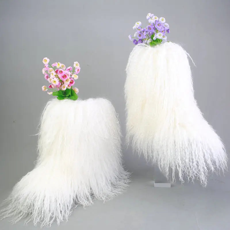 Wholesale Women Mongolian Lamb Tibetan Long Lamb Fur Boots Grey Real Mongolian Fur Boots