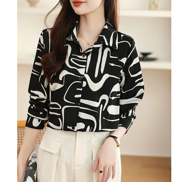 8037# Black White Floral Print Summer Spring Knitted Kimono Sleeve V-neck Women's Office Blouse Long Sleeve Elegant Breathable